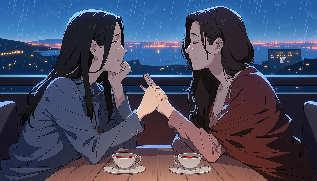 Two mature adults sharing a caring dawn balcony moment